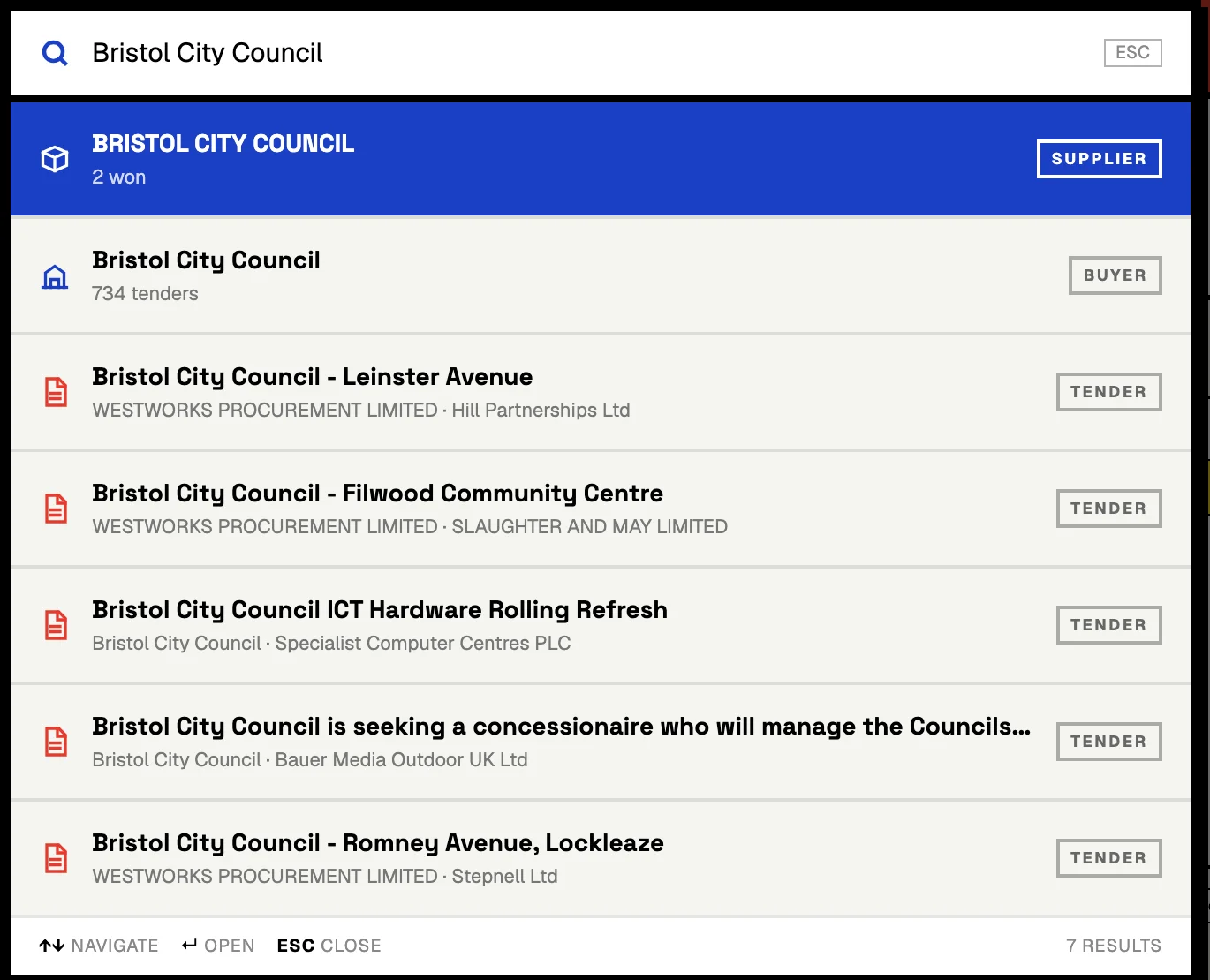 The search box on a Sell to State page with the query Bristol City Council. The results list a supplier, the buyer Bristol City Council and five tenders.