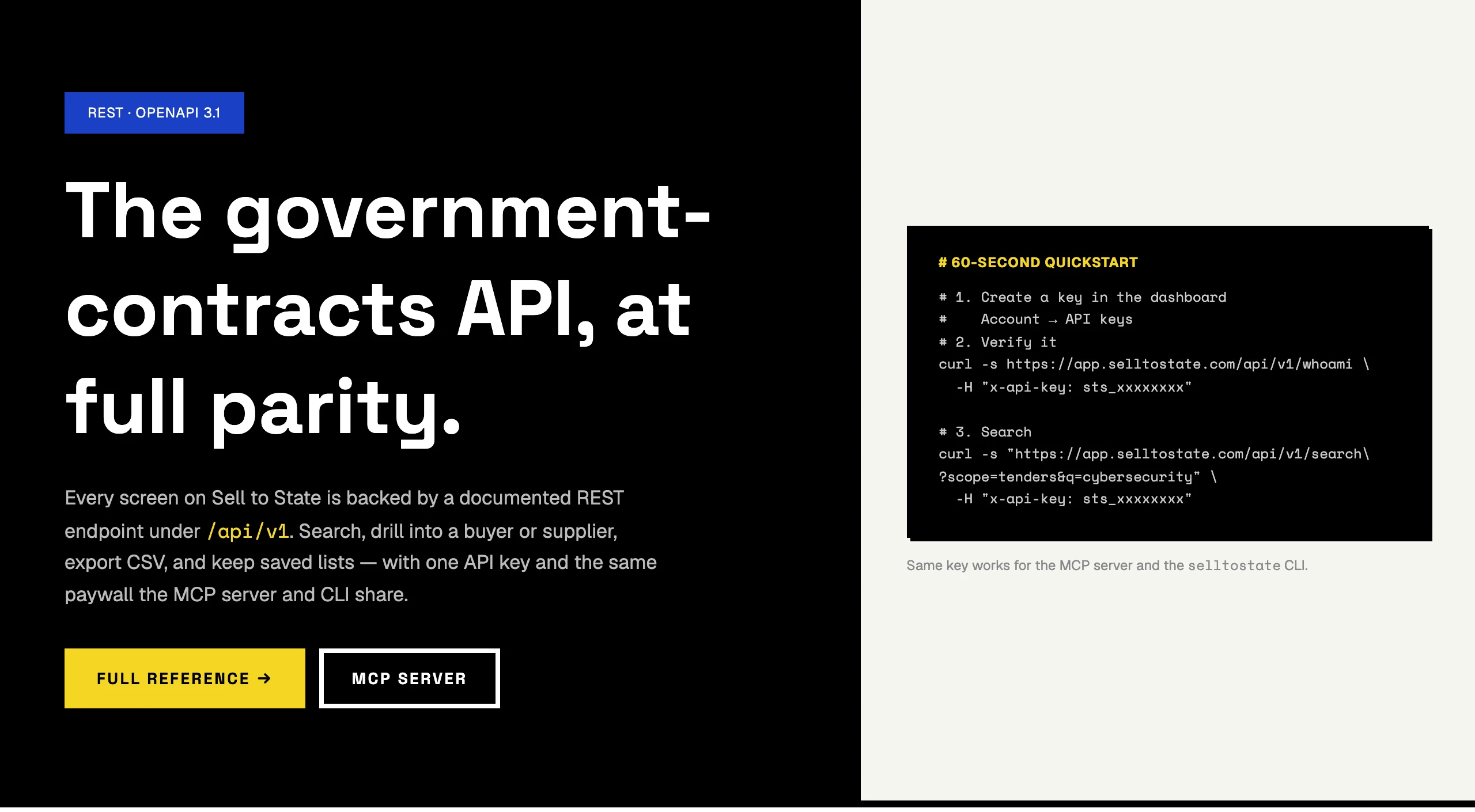 The public API page of Sell to State with a 60-second quickstart: create a key, verify it, search.